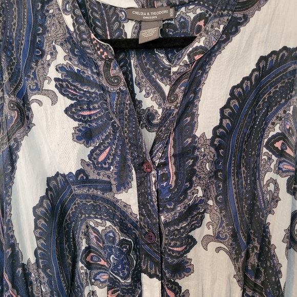 Chelsea & Theodore Wmns 1X Cotton Paisley Blue White Pink Midi Dress Button-up - Picture 5 of 13